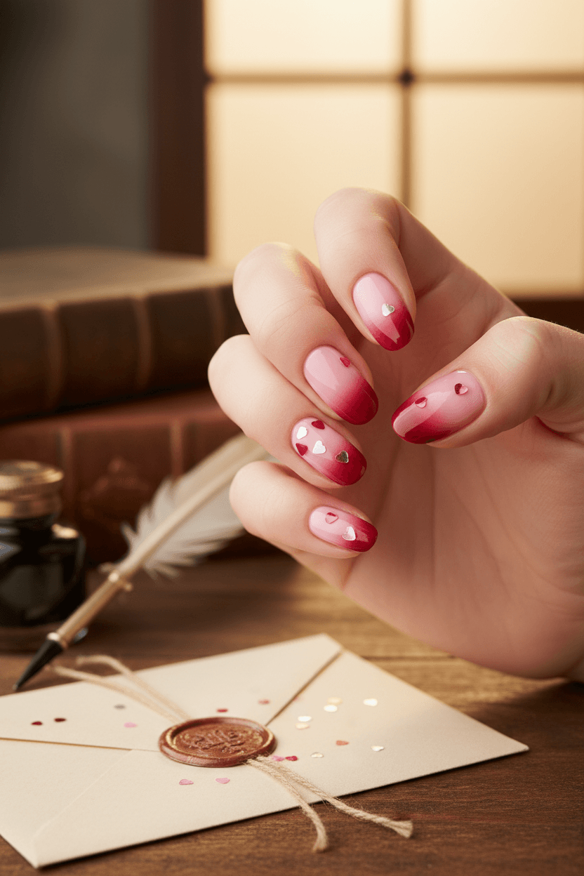 Una mano con u&ntilde;as de San Valent&iacute;n en degradado rosa y rojo, adornada con peque&ntilde;os detalles de coraz&oacute;n