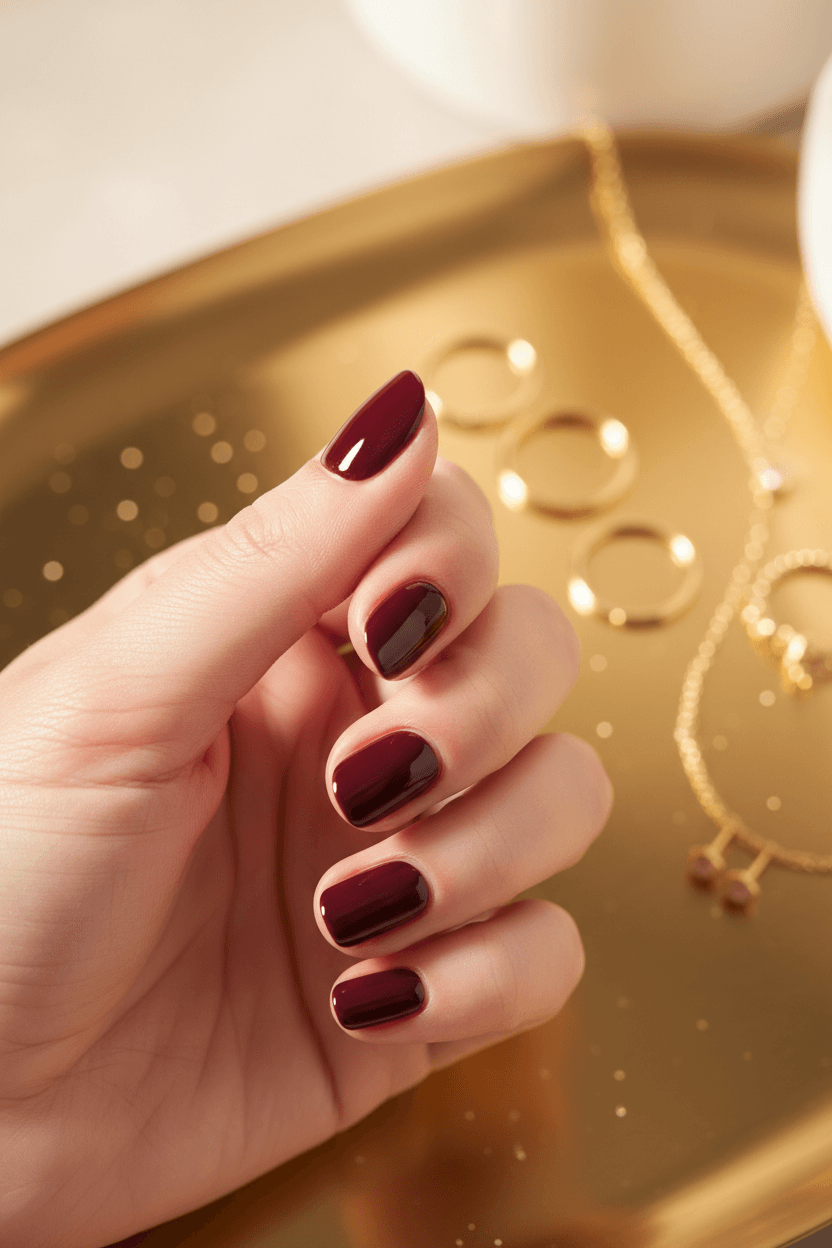 Mano con u&ntilde;as burdeos una idea rom&aacute;ntica y elegante de u&ntilde;as para San Valent&iacute;n