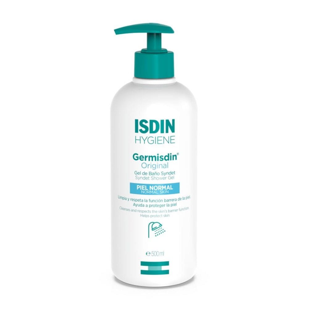 Una botella gel de ISDIN Germisdin Original imprescindibles de cuidado corporal para su rutina diaria