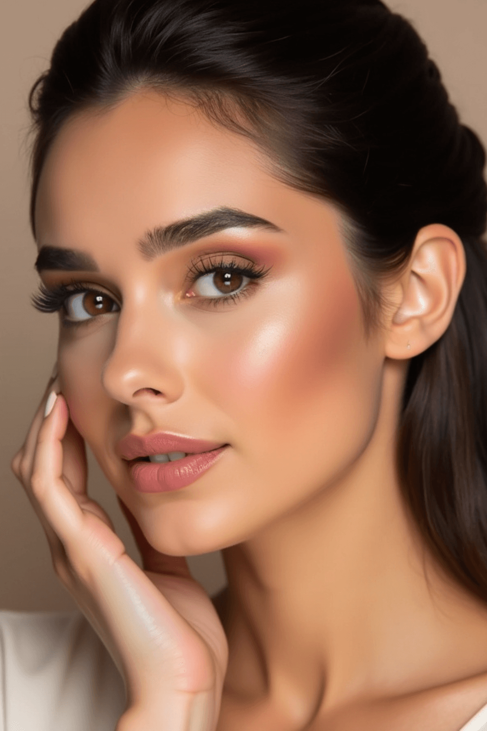 Mujer con un maquillaje glow y elegante en tonos cálidos para otoño
