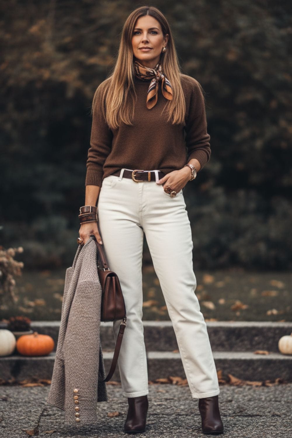 Mujer con conjunto en color beige y marrón chocolate para Thanksgiving