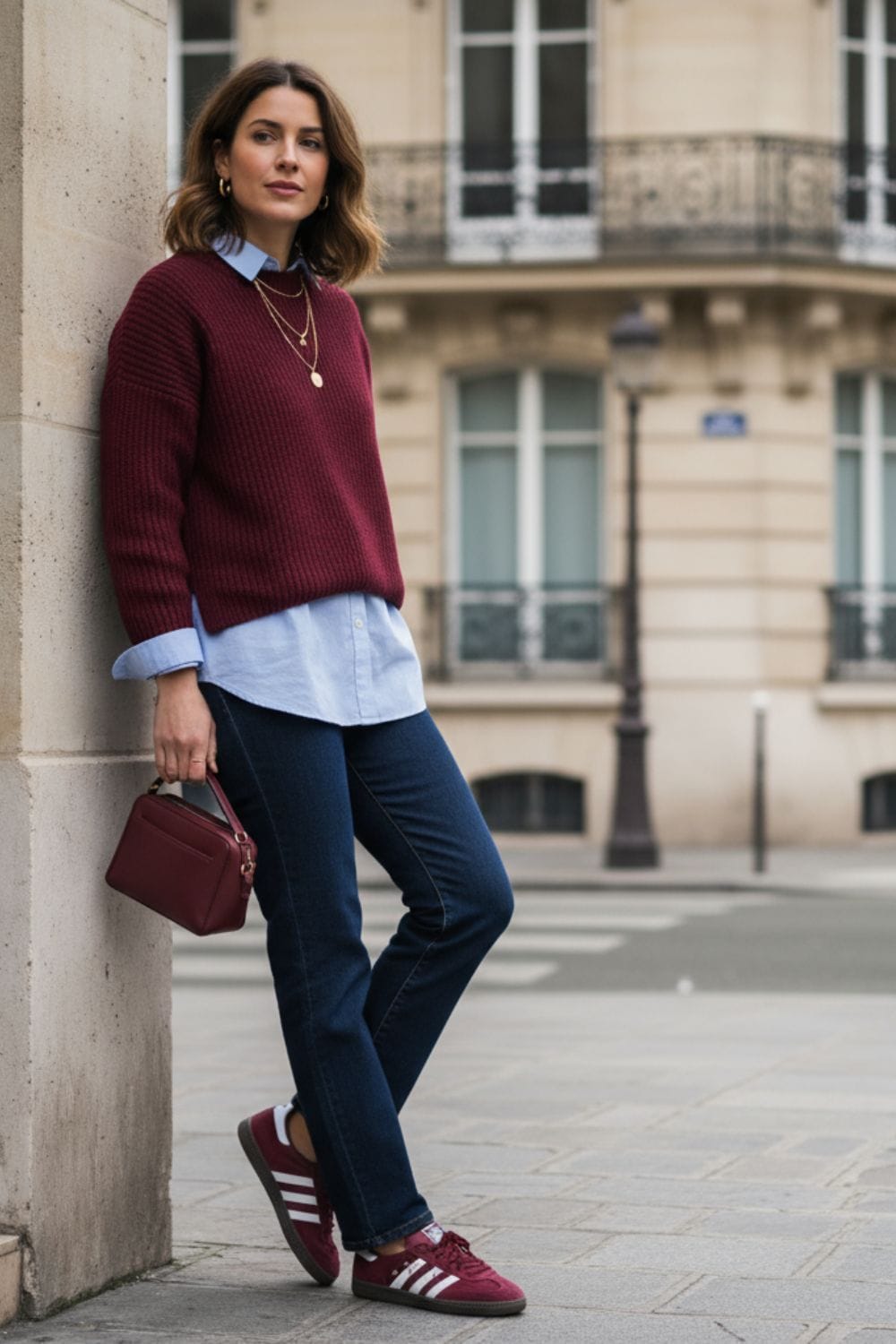 Combinar azul y burdeos en un look casual para otoño