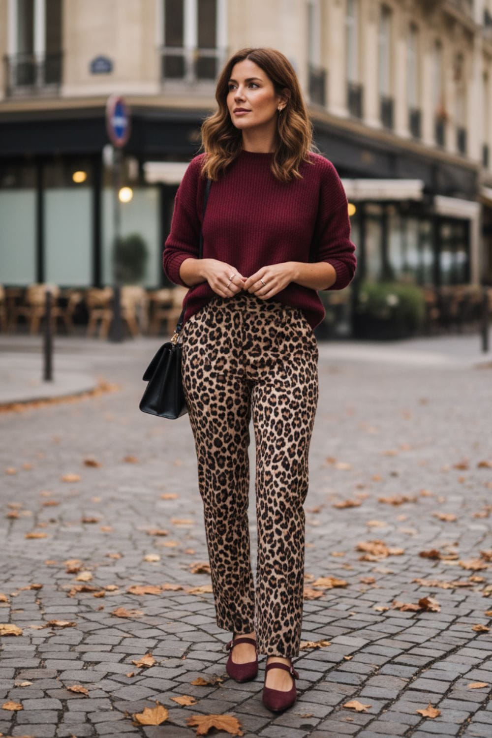 Mujer con outfit combinando animal print de leopardo y color burdeos 