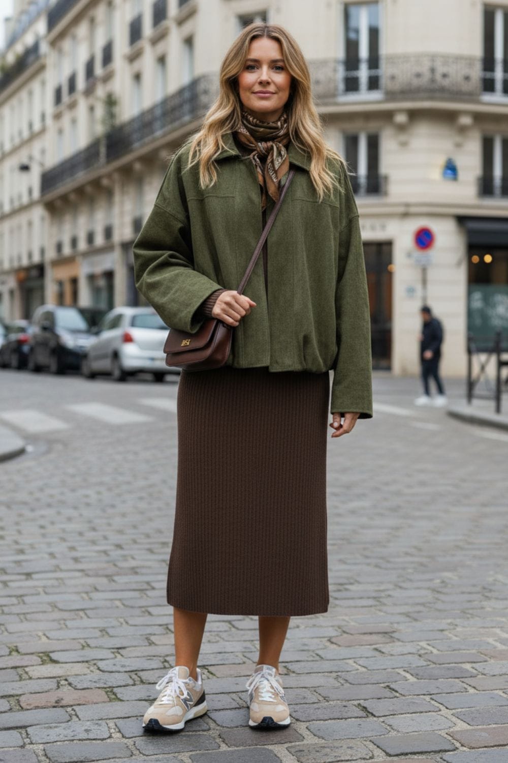 Mujer con look en verde oliva y marrón chocolate para otoño con chaqueta de ante