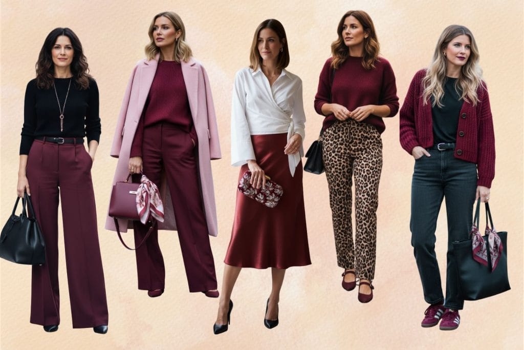 Cinco mujeres posan lado a lado con outfits de otoño en tonos negro, blanco y color burdeos
