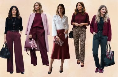Cinco mujeres posan lado a lado con outfits de otoño en tonos negro, blanco y color burdeos