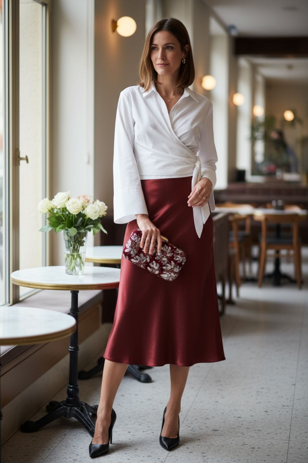 Mujer con look elegante para eventos con blusa blanca y falda midi satinada en color granate
