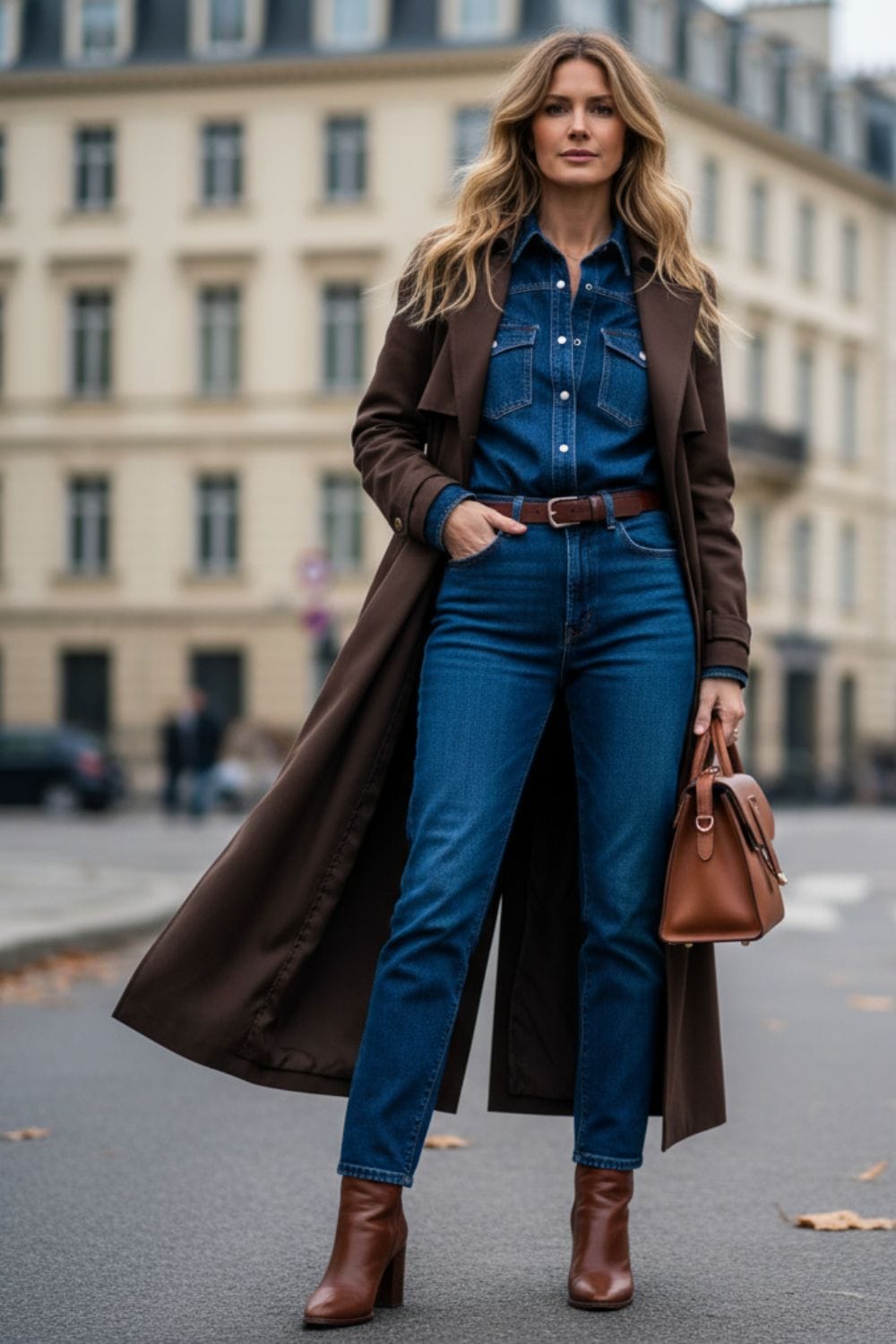 Mujer con total look vaquero y gabardina marrón oscuro