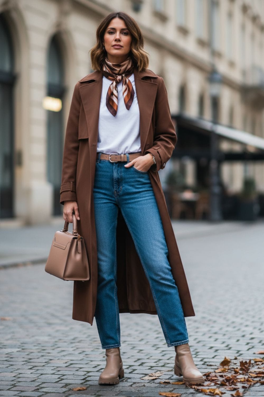 Mujer con prendas básicas y gabardina marrón oscuro con look de otoño