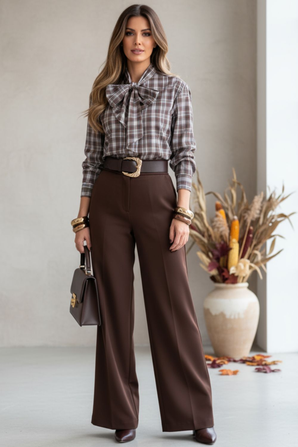 Una mujer vestida con una blusa de cuadros con un lazo y unos pantalones anchos marrón oscuro