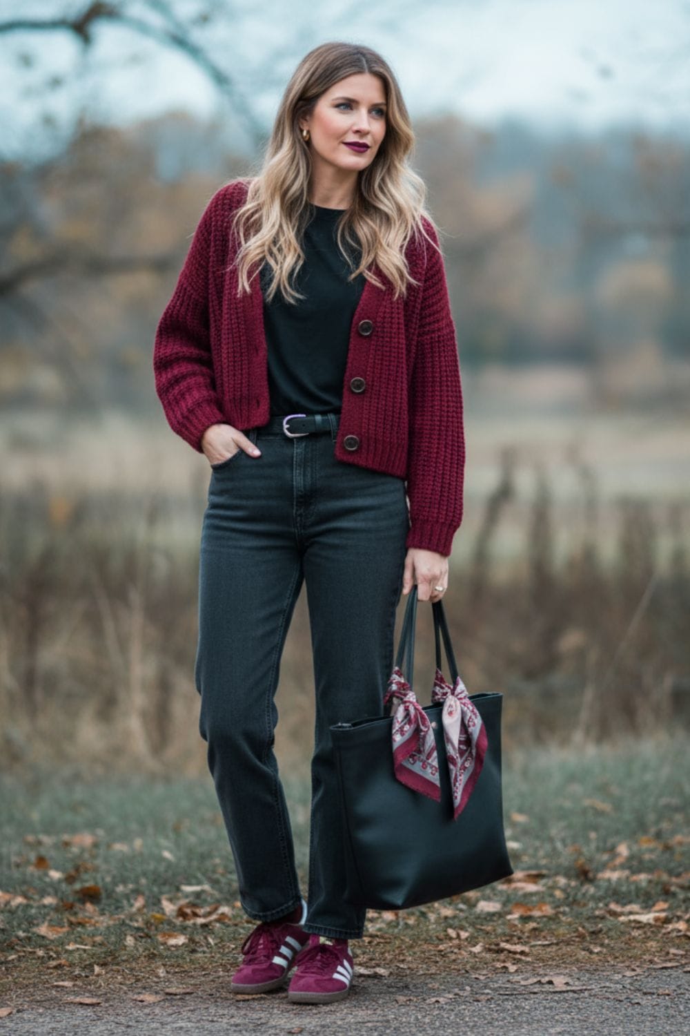 Look casual con cardigan burgundy y pantalones vaqueros negro desgastados y deportivas 