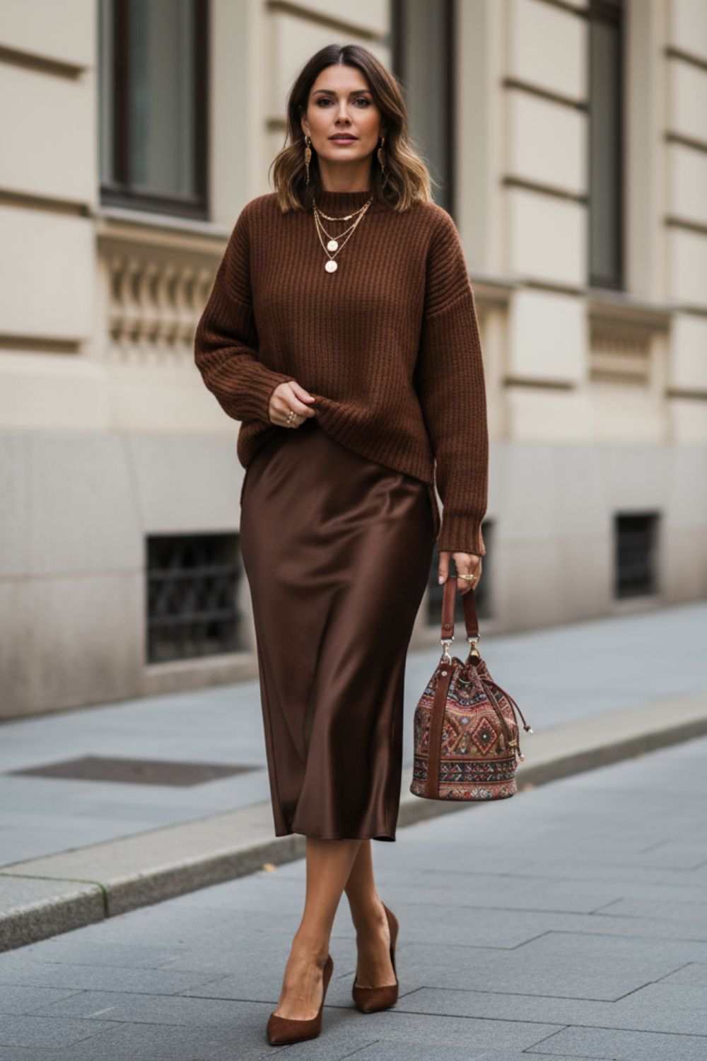 Mujer caminando con total look en marrón chocolate con falda midi satinada y jersey