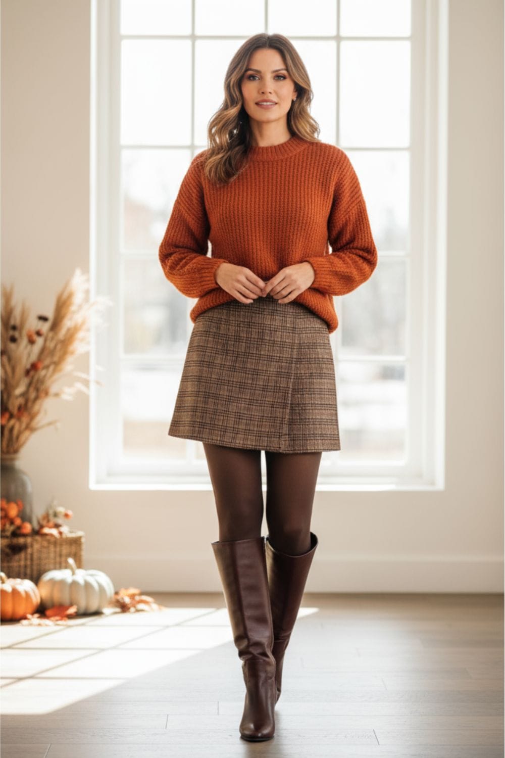 Mujer con falda en tonos marrones y jersey caldera como idea de outfit para Acción de Gracias
