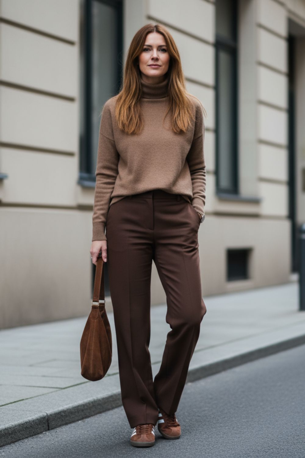 Mujer e con un jersey marrón de cuello alto, pantalones marrón oscuro, zapatos marrones