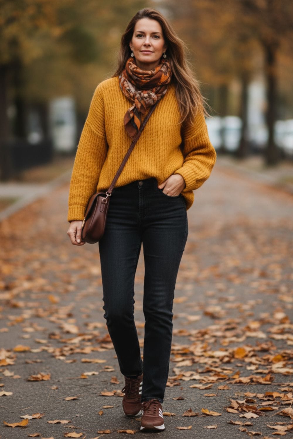 Mujer con jersey mostaza y pantalón negro para Acción de Gracias informal look casual