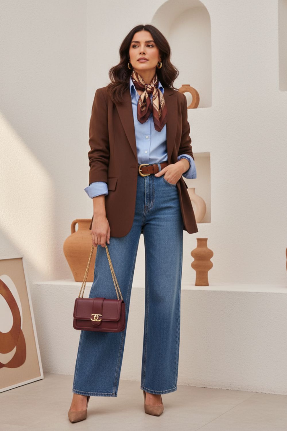 Mujer con un look chic con colores azul y marrón