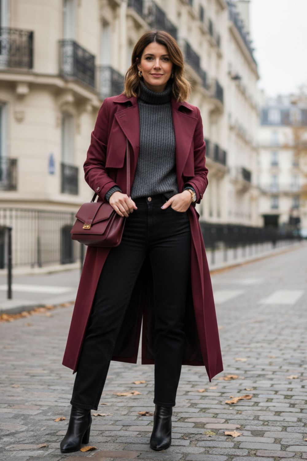 Mujer con gabardina color granate burdeos y pantalónes negros estilo clásico
