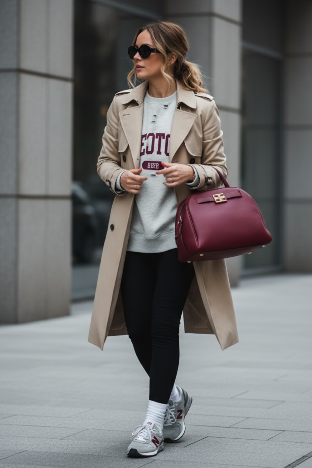 Mujer con gabardina beige, sudadera gris, leggings negros y zapatillas de deporte, llevando un bolso grande de color burdeos