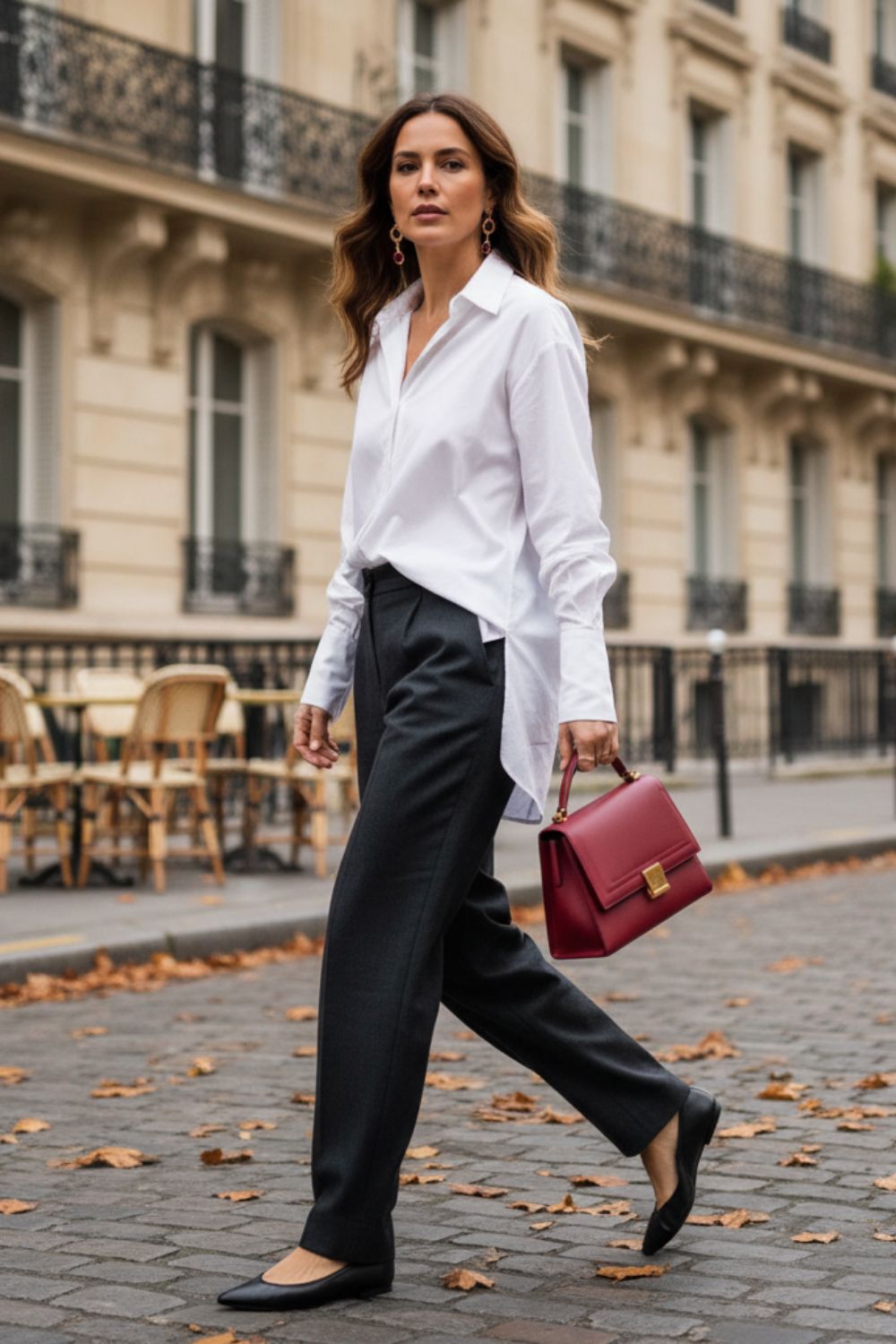 Mujer camina por una calle de la ciudad con una camisa blanca abotonada, pantalones negros, zapatos negros y un bolso de color burdeos