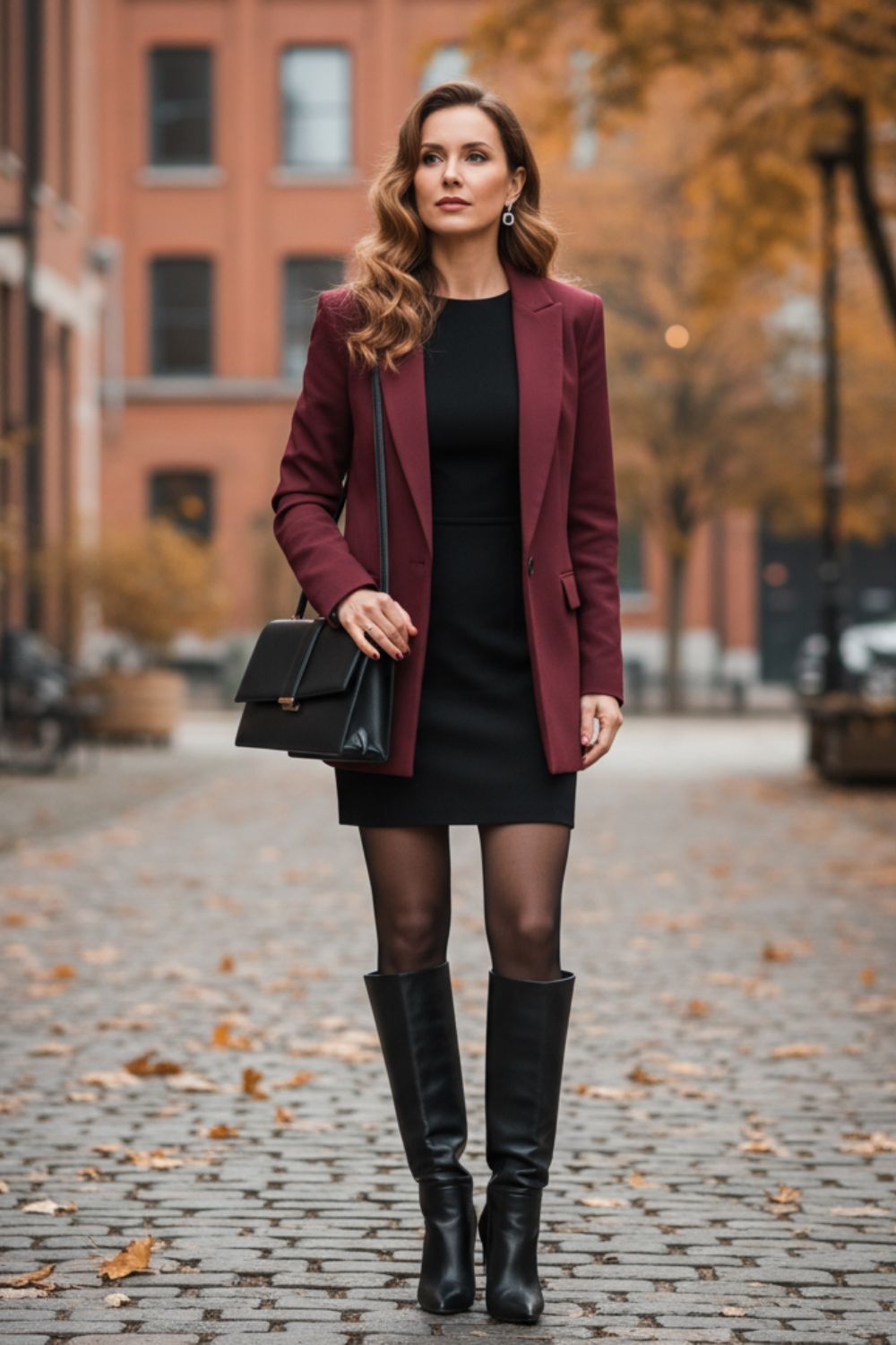 Una mujer con una chaqueta de color burdeos, un vestido negro, botas negras y un bolso negro