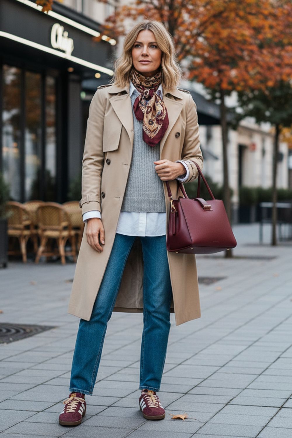 Look casual con gabardina en color beige y detalles en color burdeos