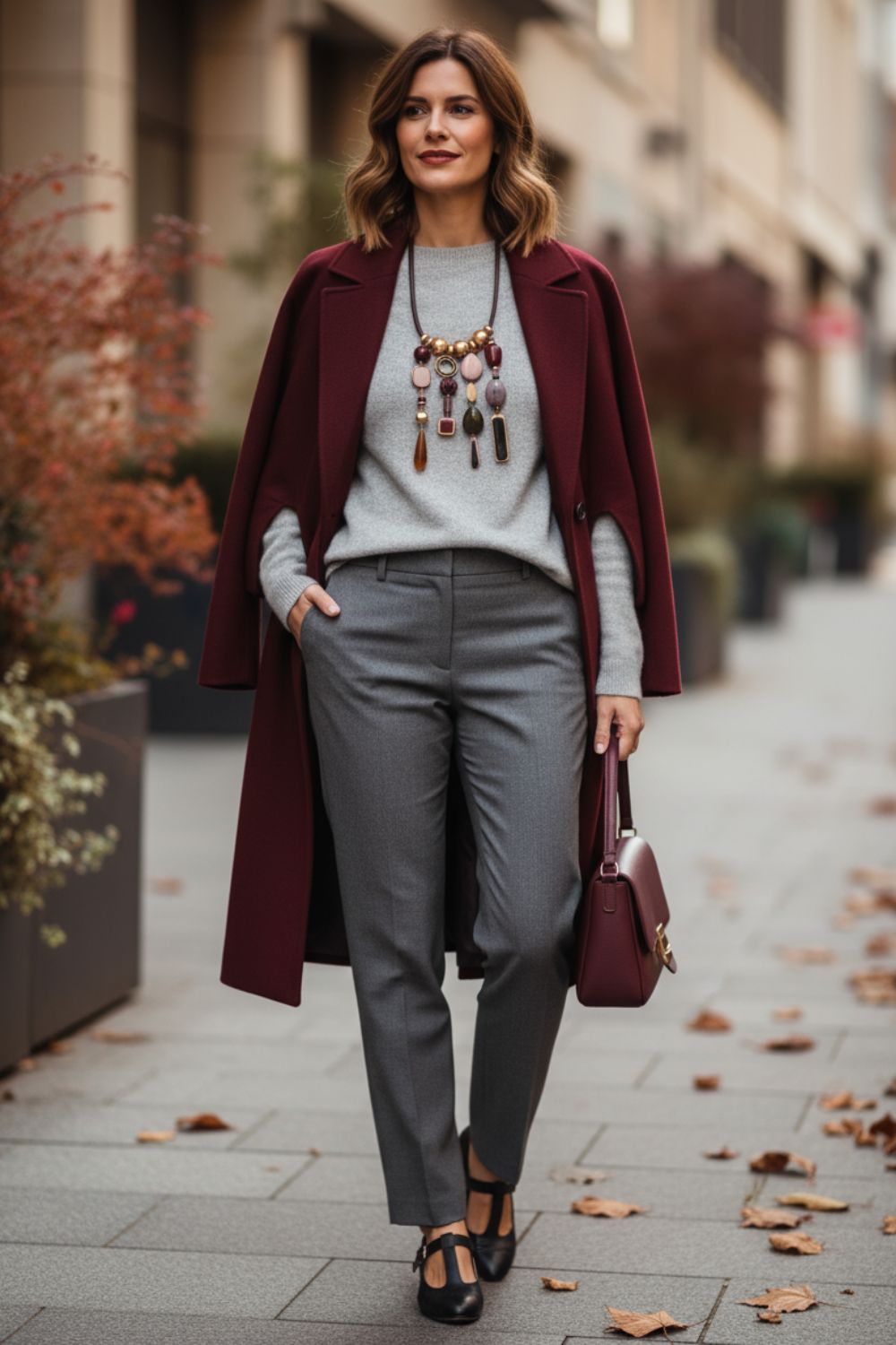 Ideas de outfit con color burdeos y con qué colores combinar el color burgundy, en este caso con gris