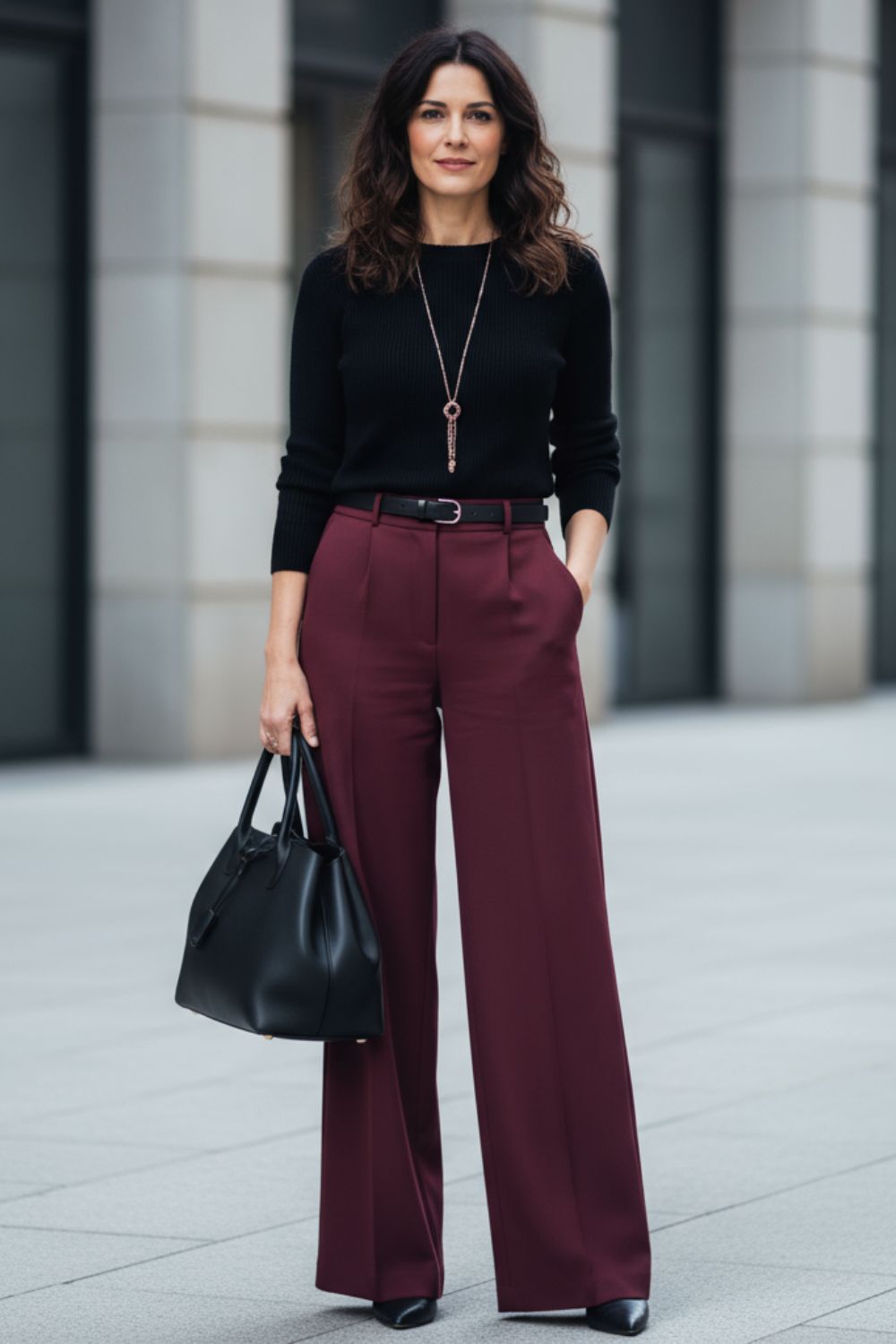 Mujer de pie al aire libre con un suéter negro, pantalones de pierna ancha granate y tacones negros, working look oficina