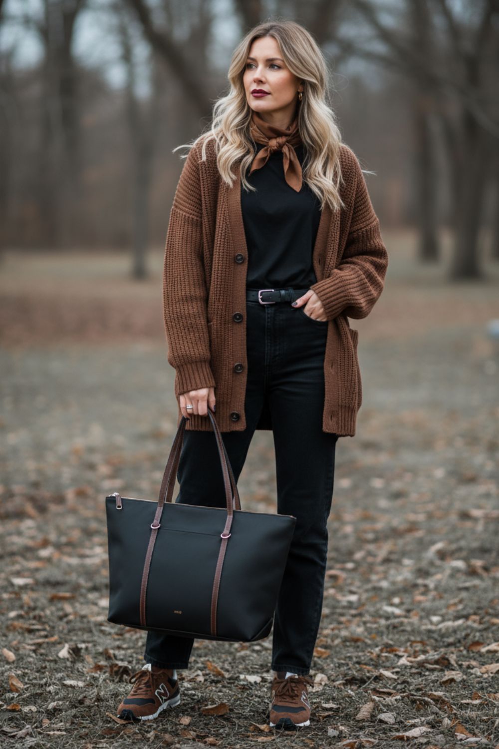 Ideas de looks con chocolate marrón combinando una chaqueta de punto marrón con vaqueros negros zapatillas marrones en un look casual