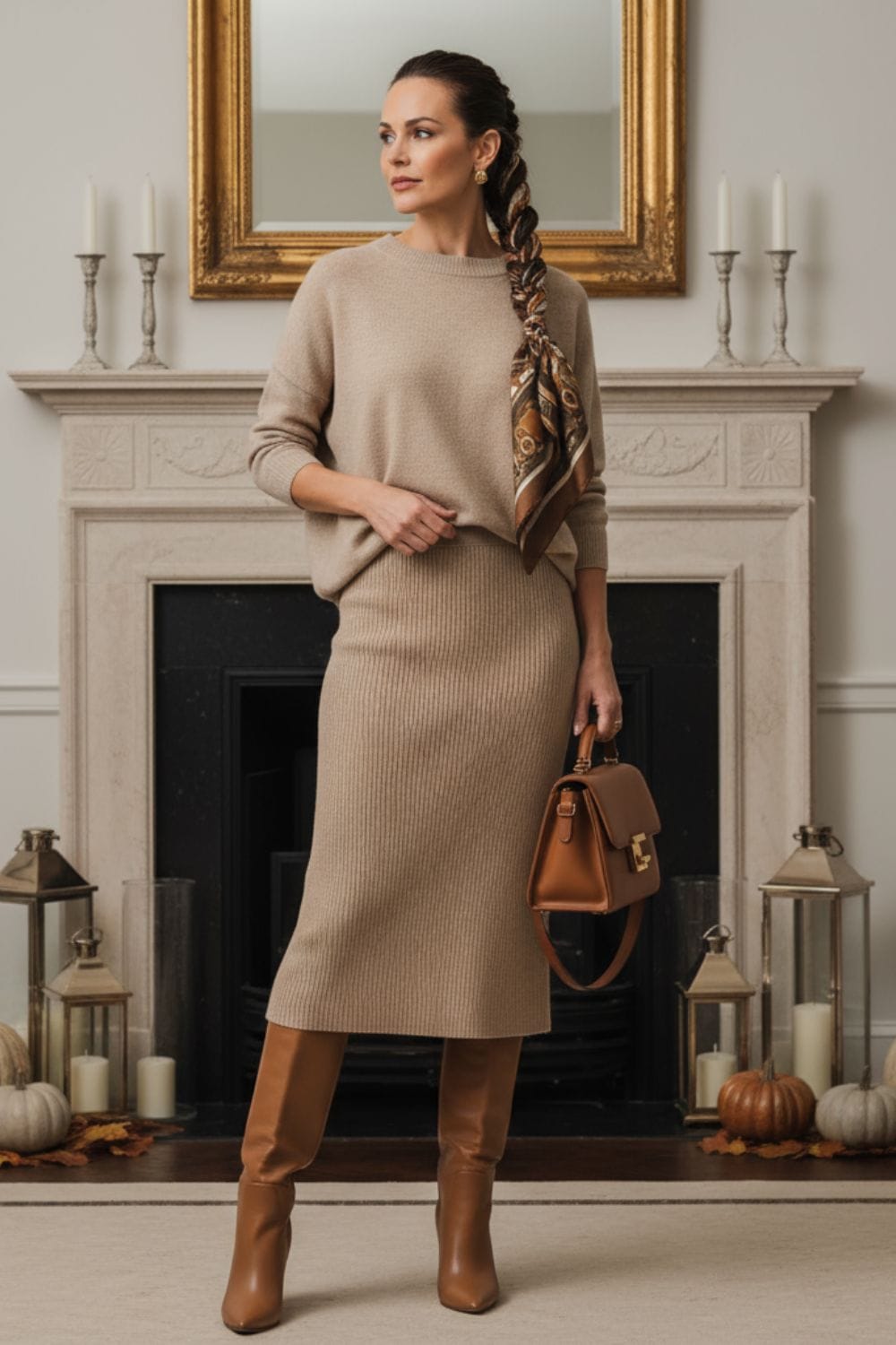 Mujer con conjunto de falda midi y jersey de punto en color nude, los mejores colores para vestir en Acción de Gracias. Lleva un bolso marrón, botas color canela y un pañuelo en el pelo trenzado