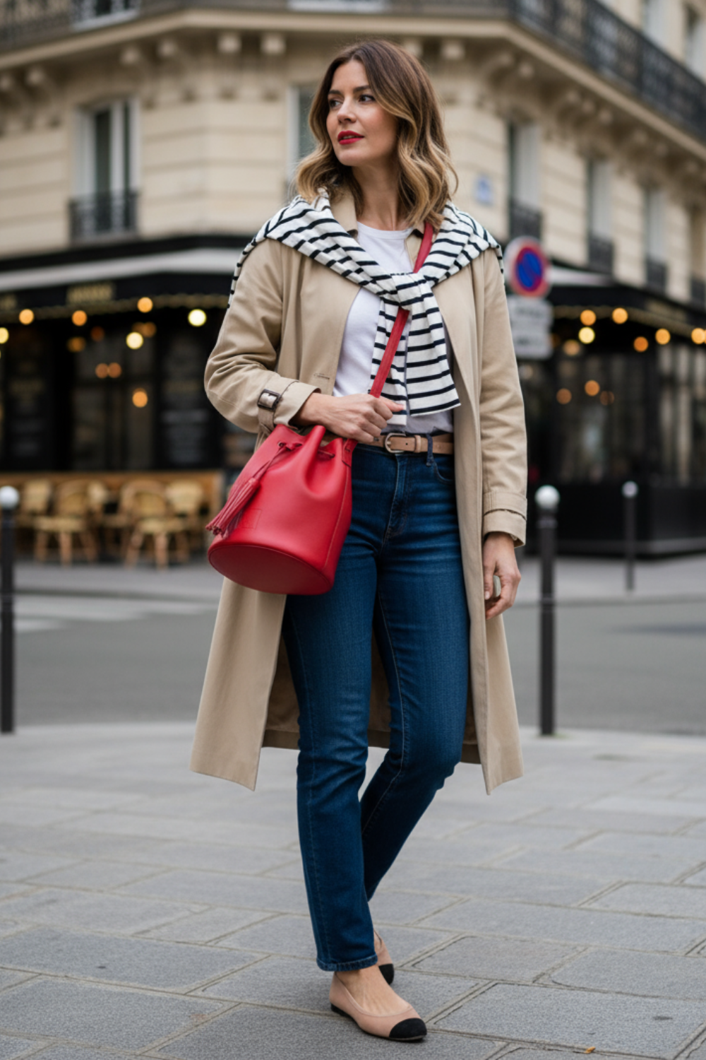 Mujer con vaqueros azul marino, gabardina beige, camisa de rayas y un bolso rojo