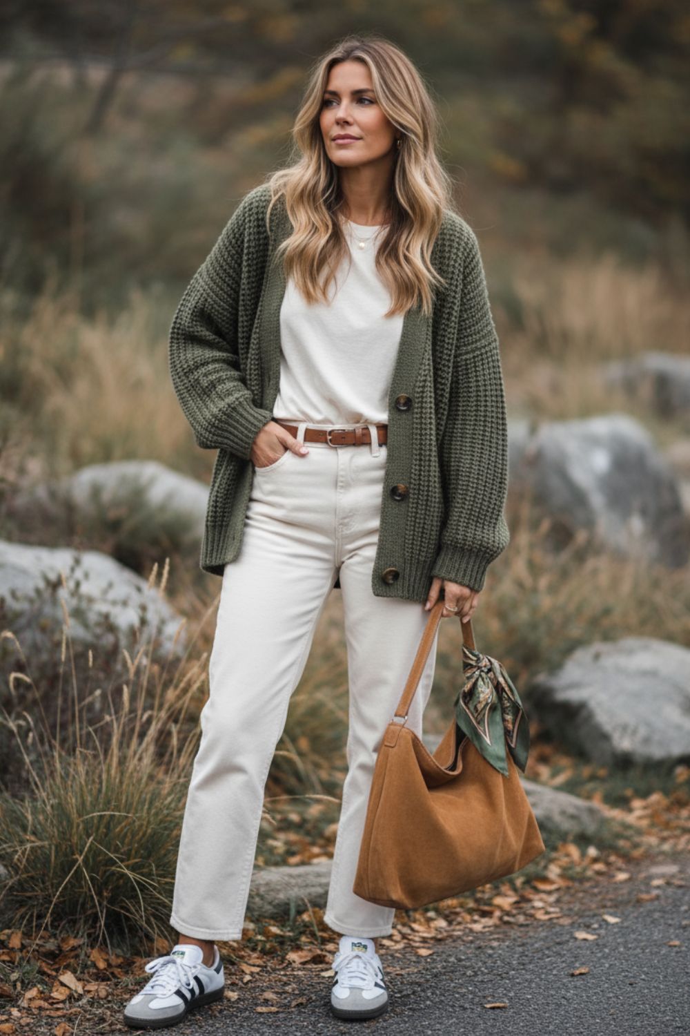 Mujer con cardigan verde militar ideas de outfit de otoño