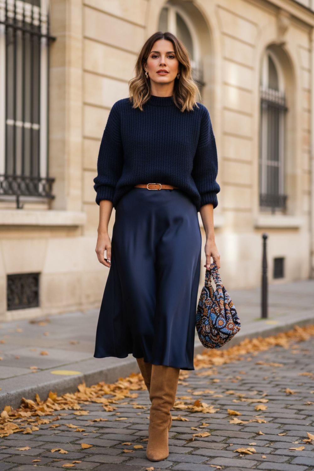 Outfit con jersey azul marino y falda satinada