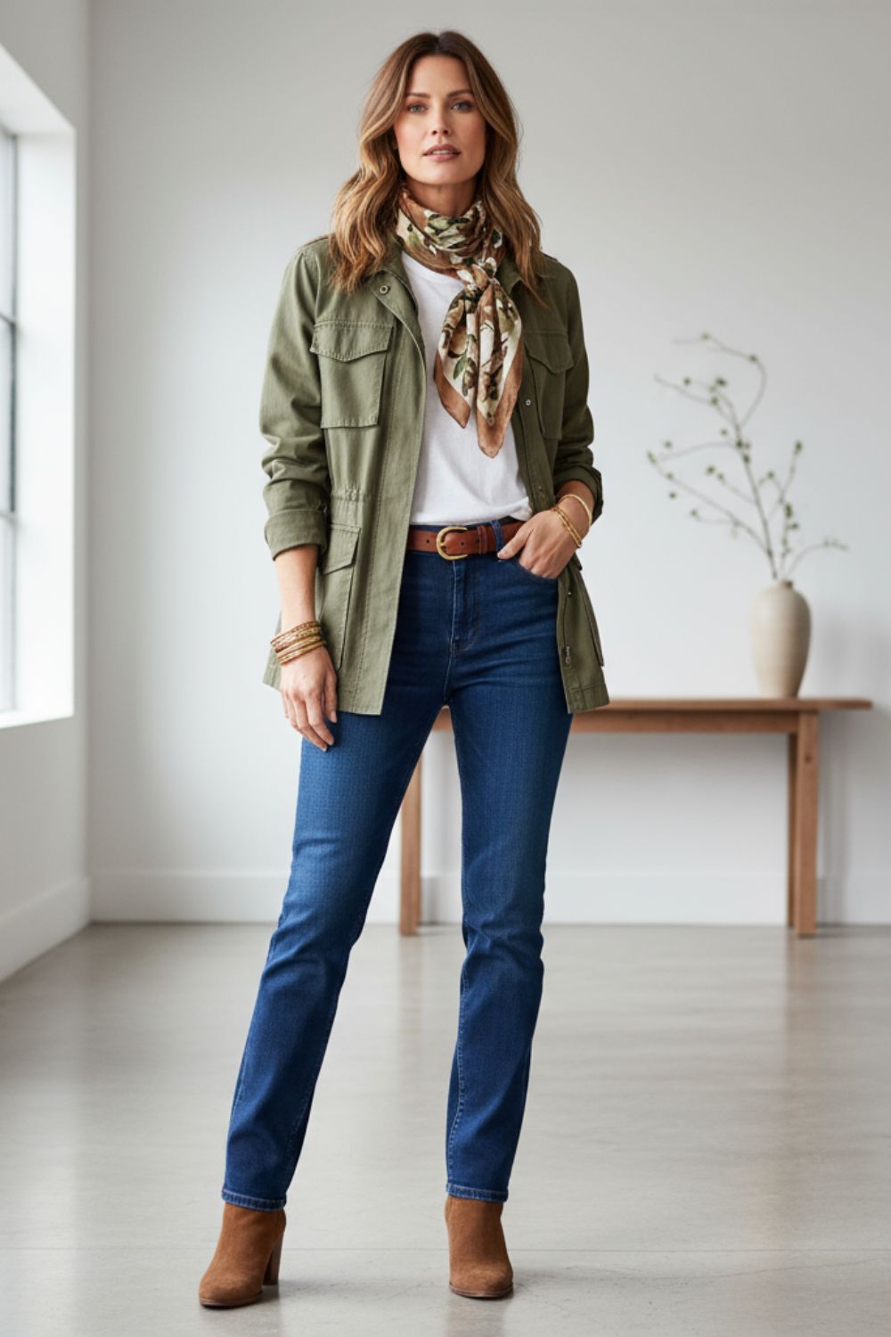 Mujer con parka tipo safari en color verde militar y vaqueros