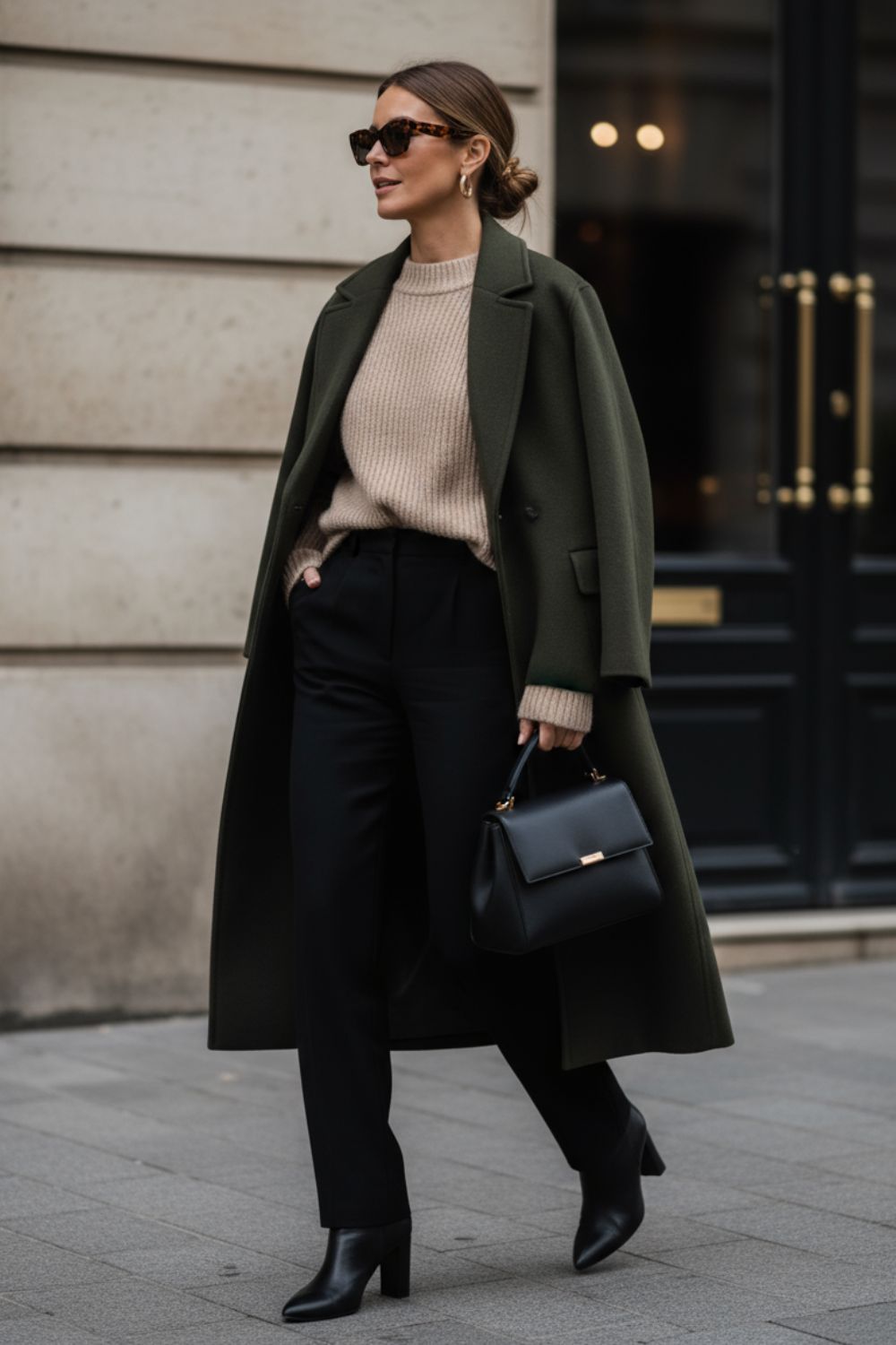 Mujer con un look elegante y clásico con abrigo de paño en verde militar oscuro