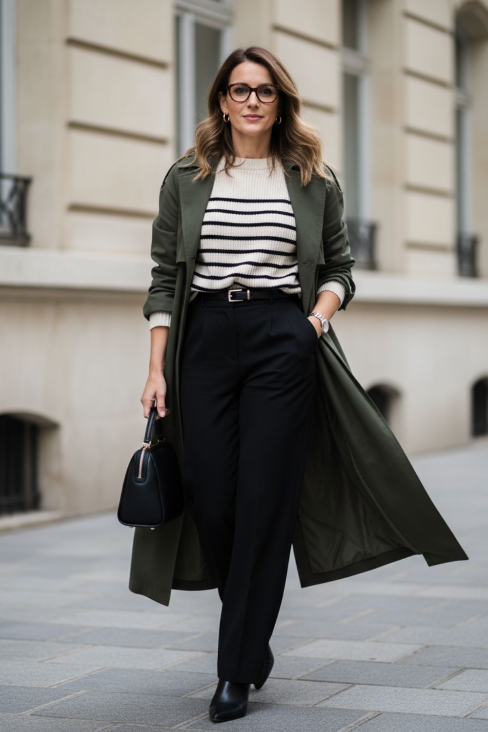 Look de inspiración parisina con jersey de rayas y trench en color verde militar