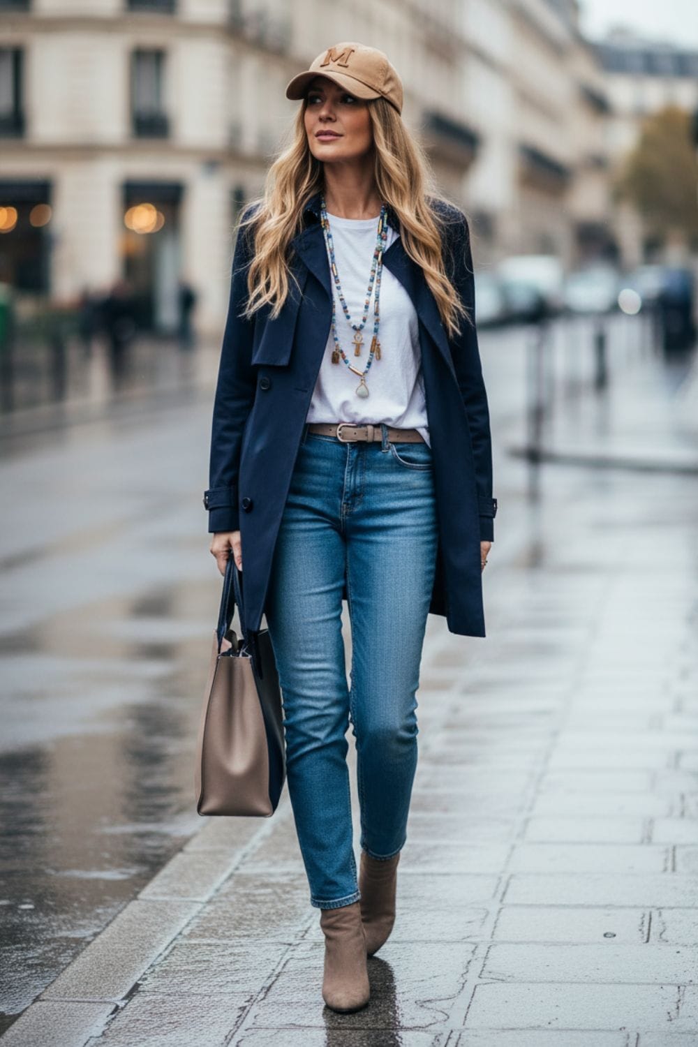 Ideas de looks con vaqueros y trench azul marino