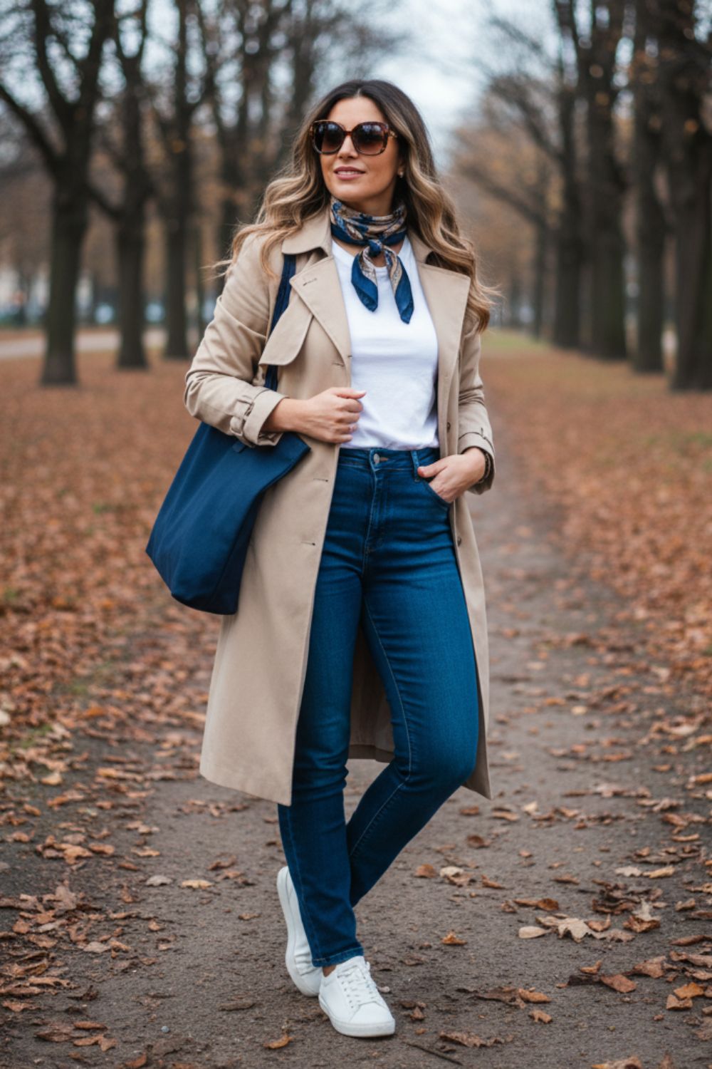 Mujer con gabardina beige y complementos en azul marino