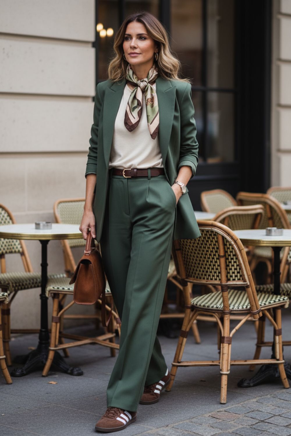 Outfit de oficina con traje verde militar