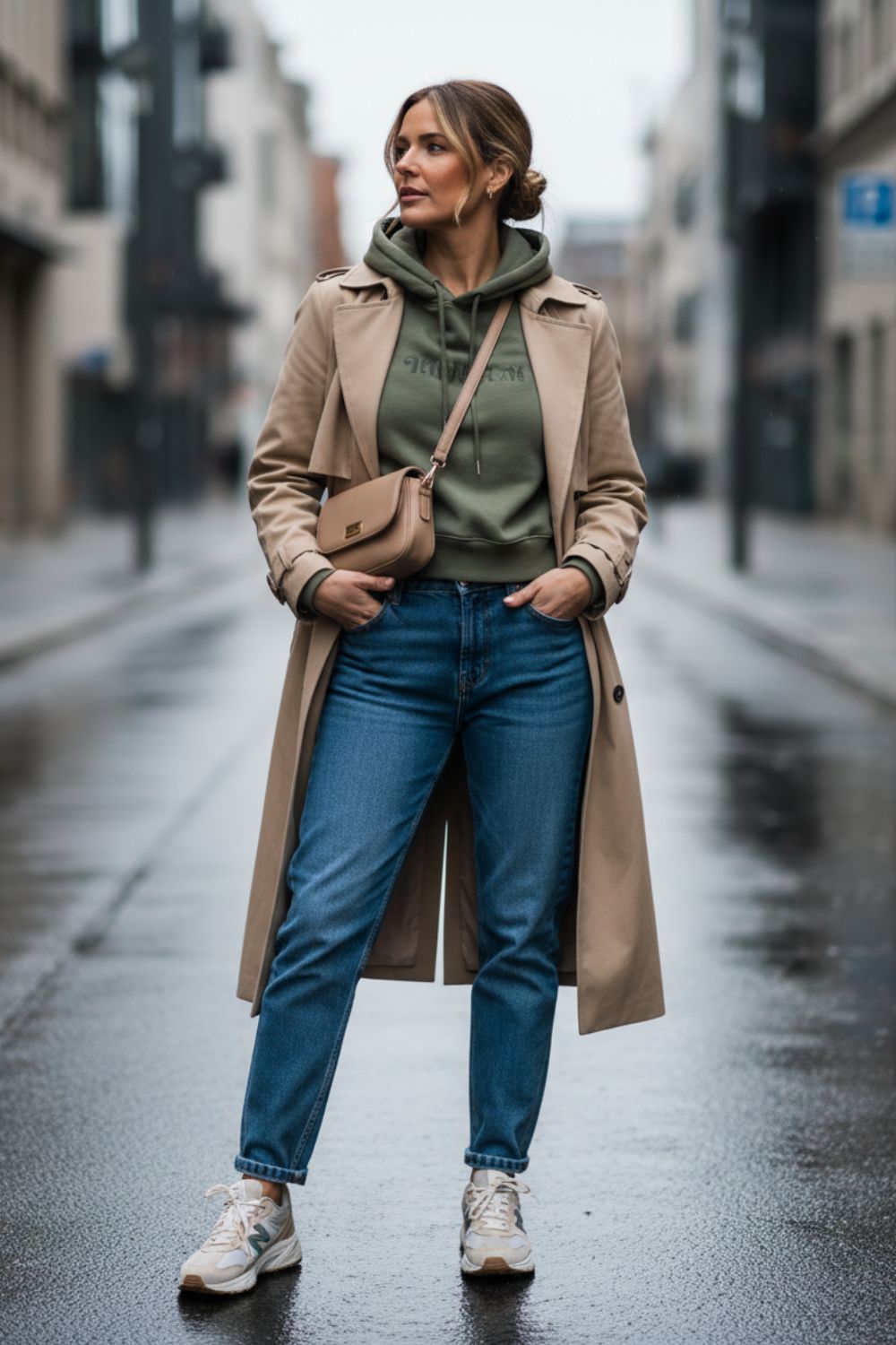 Mujer con trench camel y sudadera verde militar outfit casual