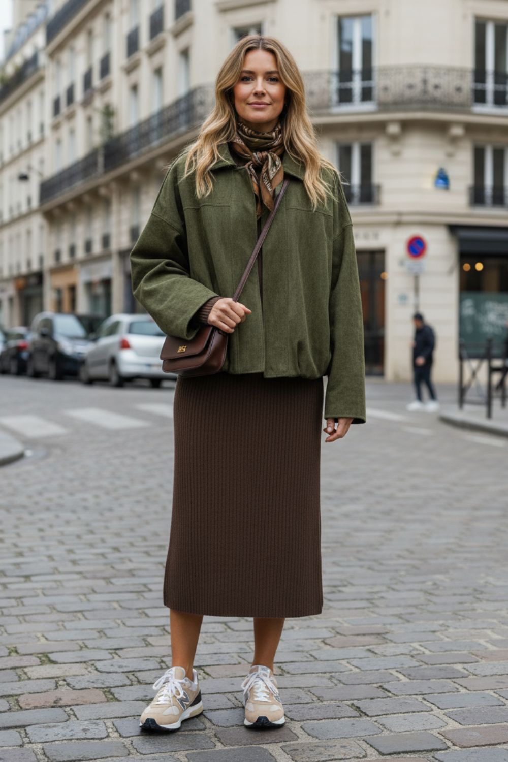 Mujer con vestido midi marrón chocolate y bomber de ante en verde militar