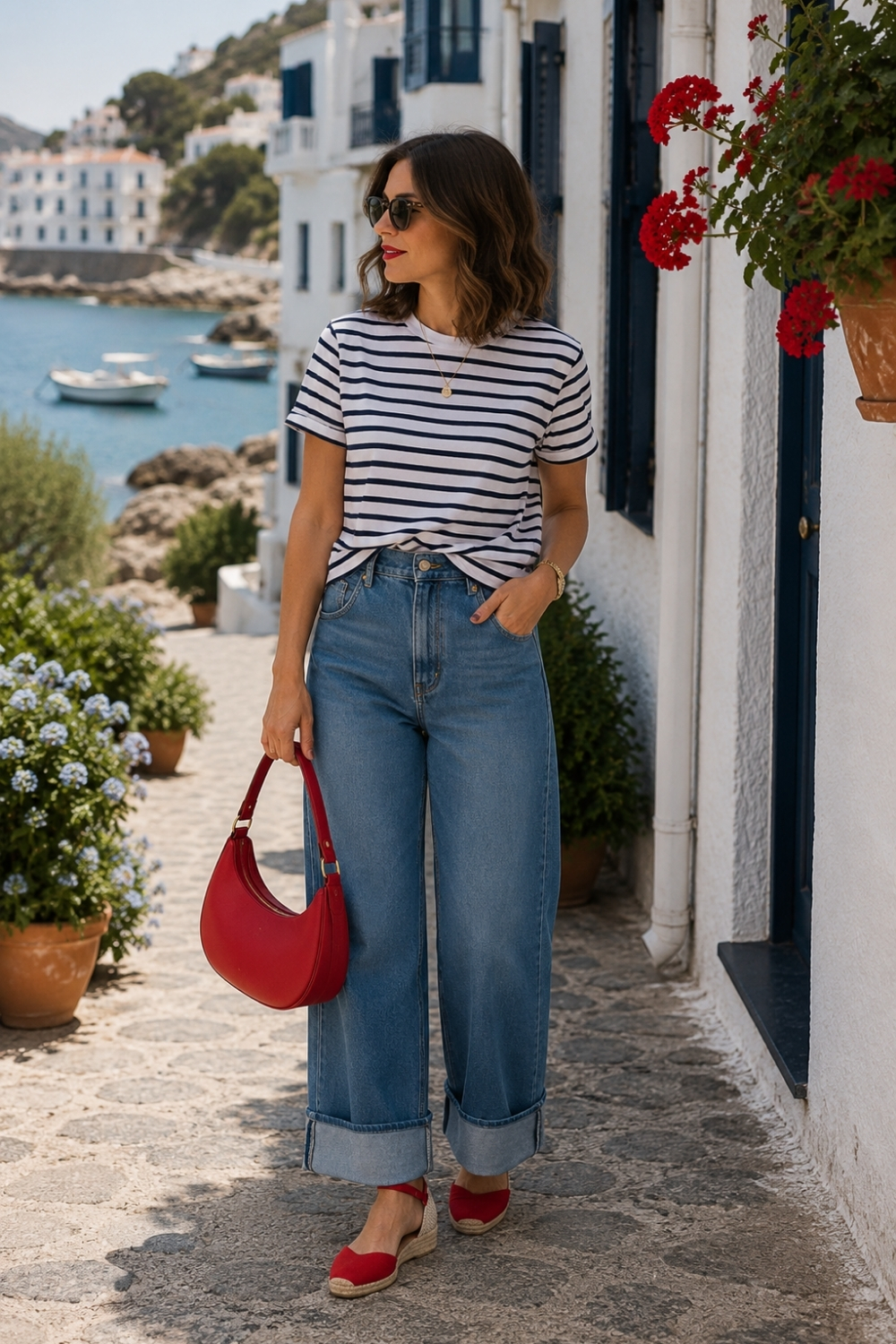 Camiseta de rayas con cu&ntilde;as rojas look para verano