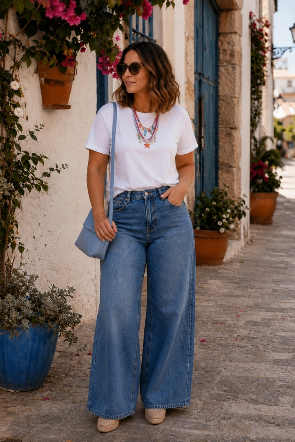 Mujer con camiseta blanca y vaqueros wide leg, complementos de colores para verano