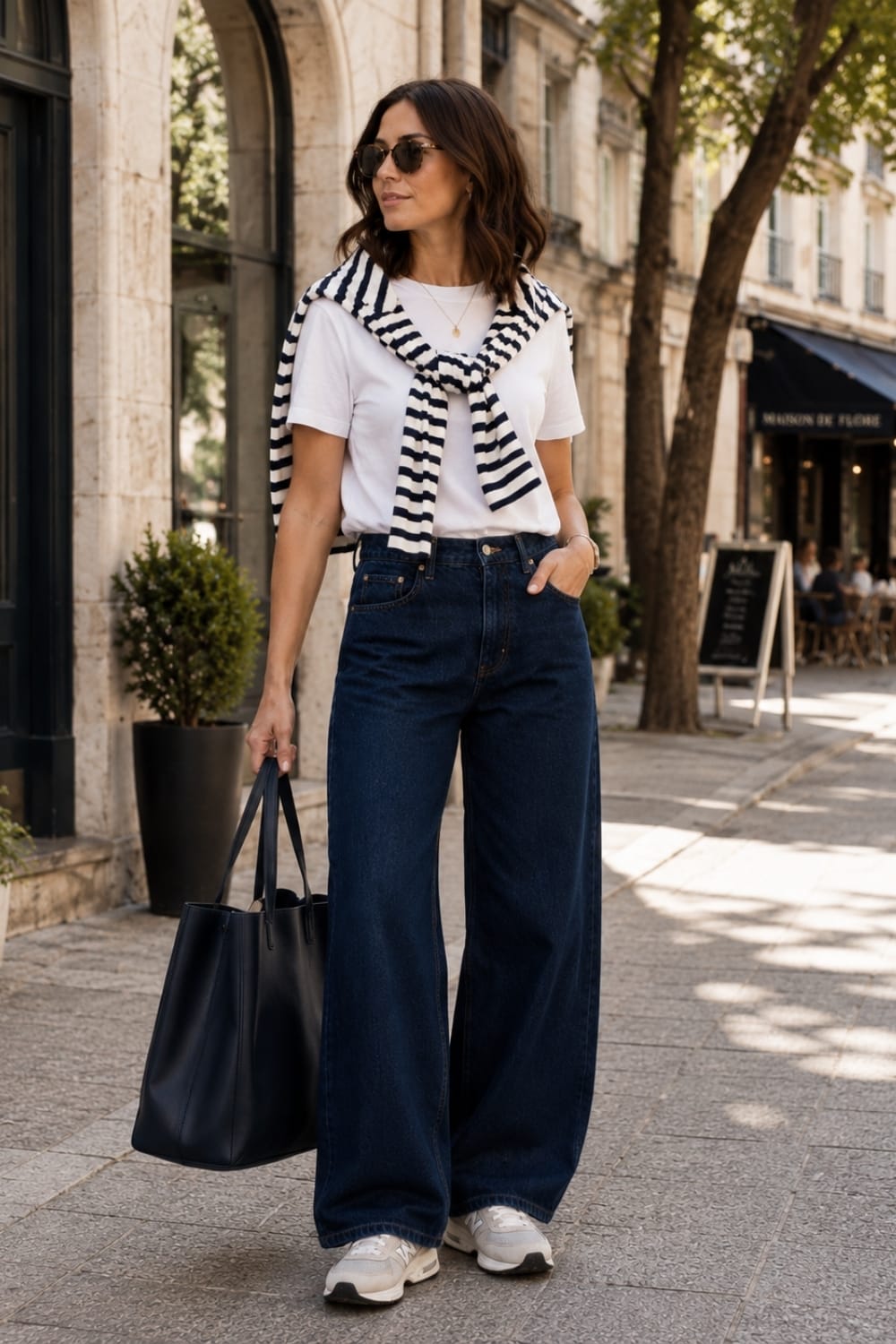 Look con camiseta blanca y jersey de rayas estilo chic