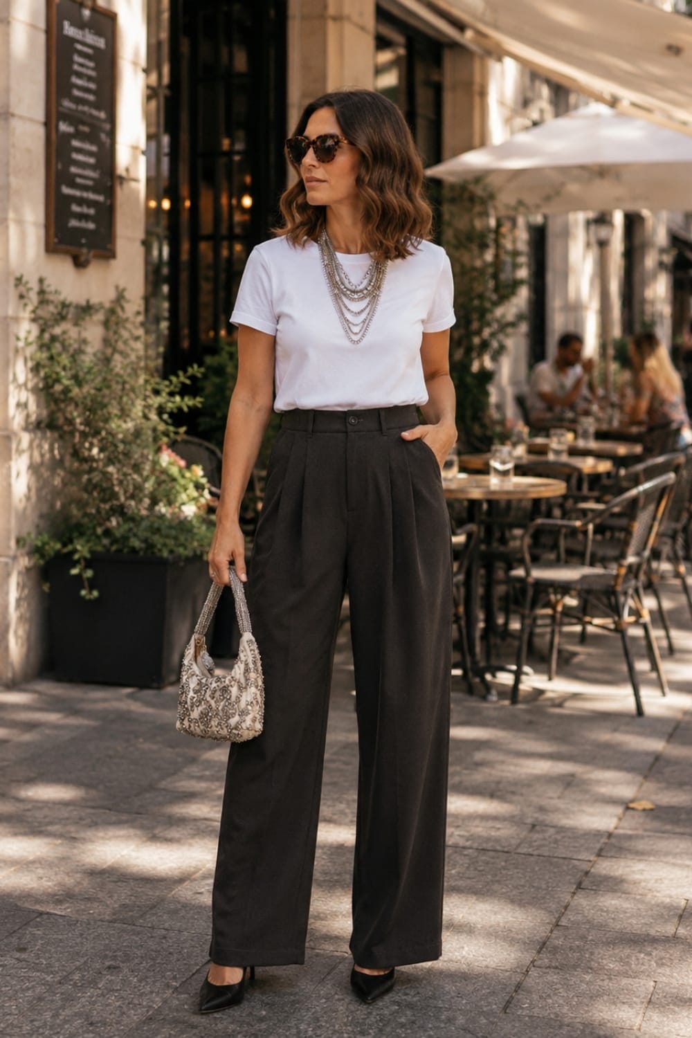 Look con camiseta blanca elegante con pantalones palazzo